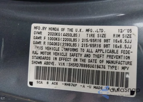 2006 Honda Cr-V Se from USA, damaged, VIN SHSRD78996U419474